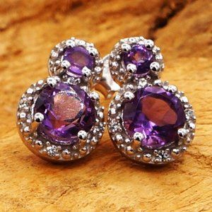 Vintage Double Amethyst Spinel Stud Sterling Silver Earrings